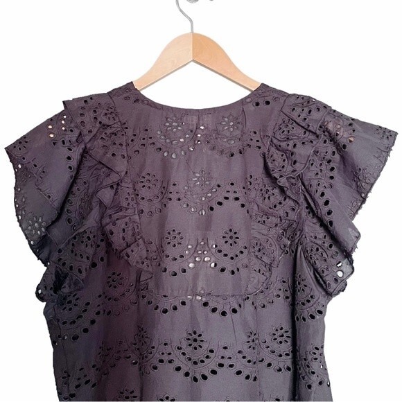 NWT Nicole Miller Top Black Cotton Eyelet Flutter Sleeve Blouse Size Small NEW - Picture 10 of 16
